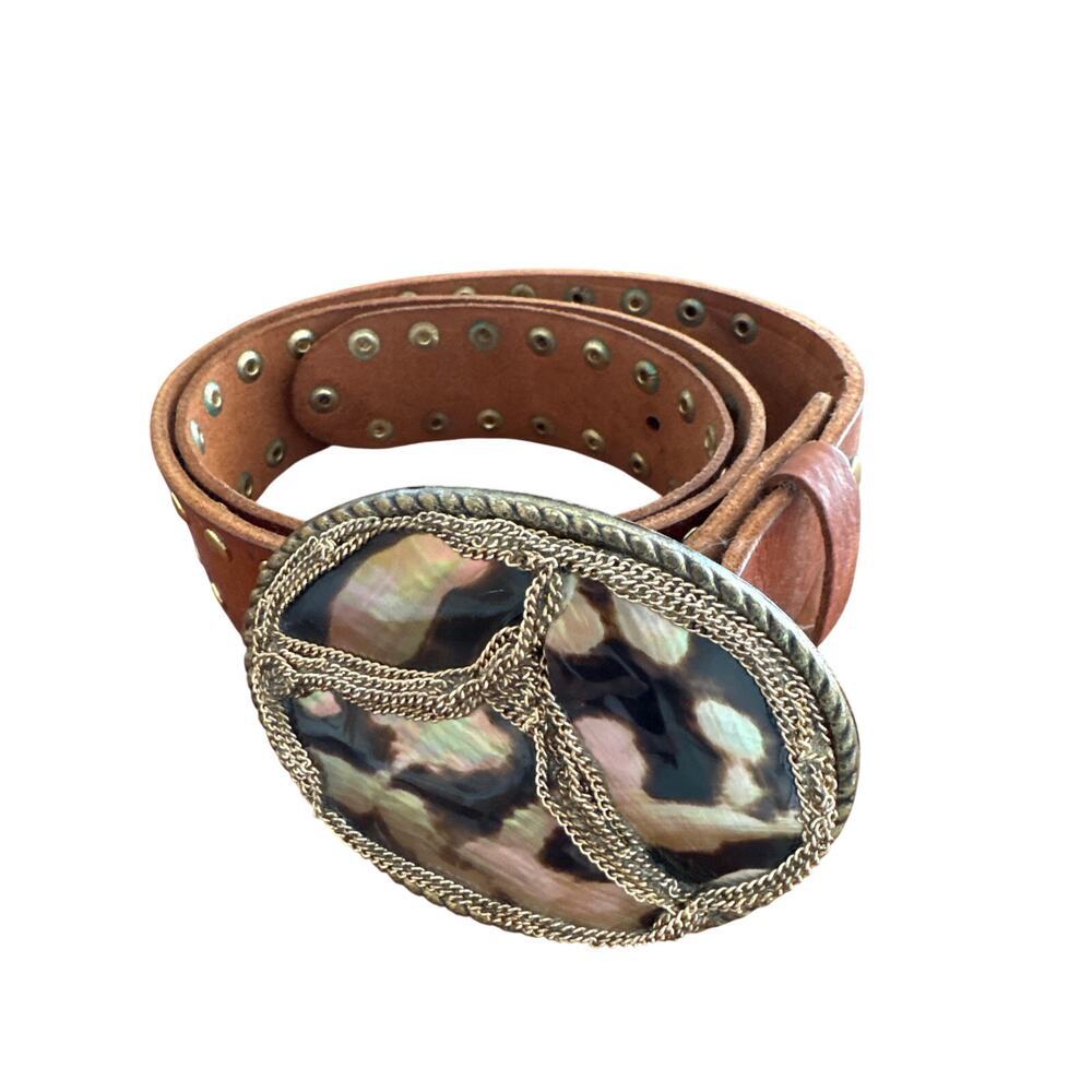 Lauren Hampton Abalone Inlay Western Leather Studded Belt